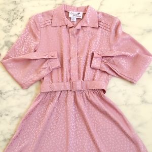 NWOT. Vintage Caron Petite Patterned Satin Dress with hidden buttons and belt.